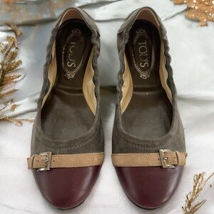 TOD’S Genuine Leather Suede Colorblock Burgundy & Taupe Ballet Flats Size US 7.5
